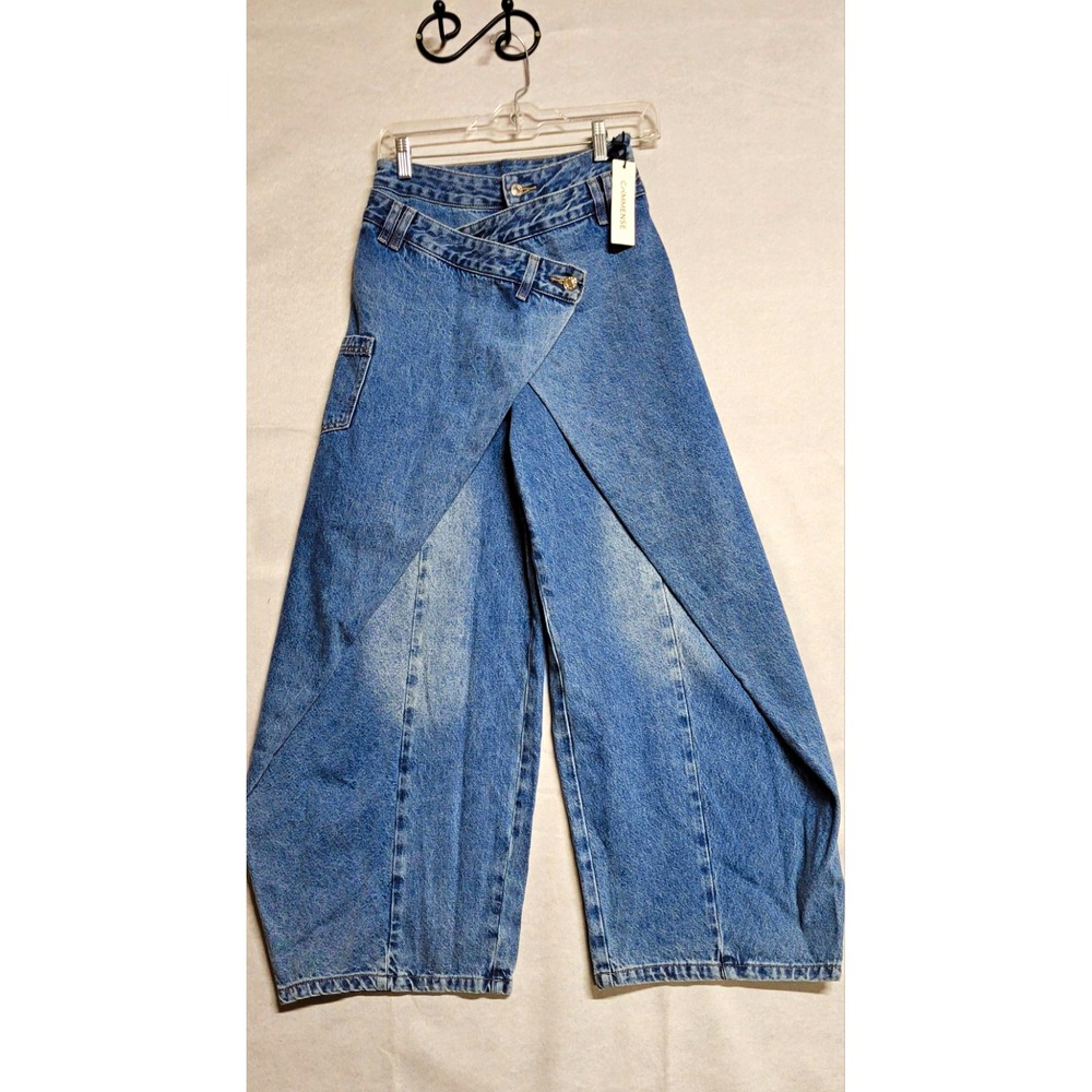 Commense Blue Cross Front Denim Wide-Leg Jeans Button and Zipper Closure Size XS